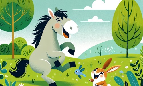 Une illustration destinée aux enfants représentant un cheval joyeux et espiègle se trouvant au milieu d'une prairie verdoyante, accompagné d'un petit lapin curieux, dans une histoire remplie de rires et de jeux amusants.
