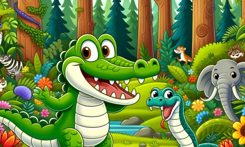 Une illustration destinée aux enfants représentant un crocodile joyeux et souriant, accompagné d'un serpent malicieux, dans une forêt luxuriante remplie d'arbres majestueux, de fleurs colorées et d'animaux curieux.