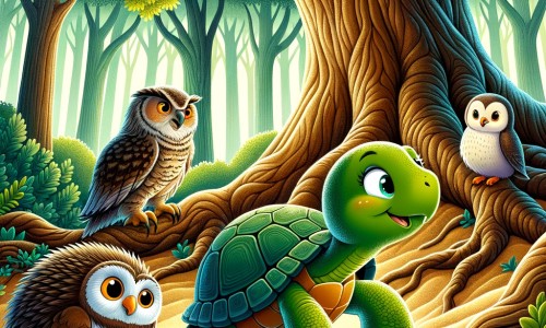 Une illustration pour enfants représentant une tortue curieuse vivant dans une petite maisonnette au bord de la rivière, qui se lance dans une aventure à la recherche d'un trésor légendaire caché près d'un vieux chêne.