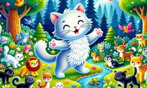 Une illustration destinée aux enfants représentant un chat malicieux, entouré d'animaux rigolos, explorant une forêt luxuriante et mystérieuse remplie de fleurs colorées, d'arbres majestueux et d'une rivière scintillante.