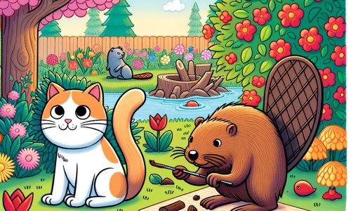 Une illustration destinée aux enfants représentant un chat maladroit qui perd sa queue et se retrouve dans un jardin fleuri, où il rencontre un castor bricoleur qui lui fabrique une nouvelle queue en bois.