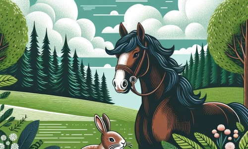 Une illustration destinée aux enfants représentant un majestueux cheval, courageux et dévoué, accompagné d'un adorable lapin, dans un champ verdoyant entouré d'une forêt luxuriante, prêts à vivre une aventure palpitante.
