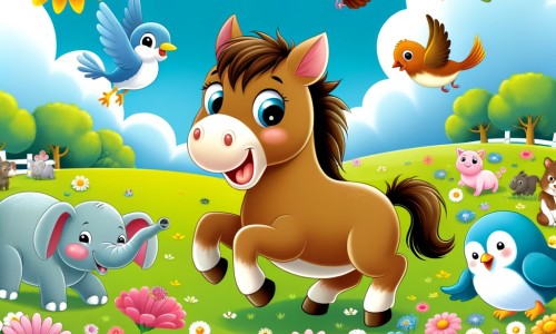 Une illustration destinée aux enfants représentant un cheval espiègle, accompagné d'animaux joyeux, dans un champ verdoyant rempli de fleurs colorées et d'oiseaux qui volent dans le ciel bleu.