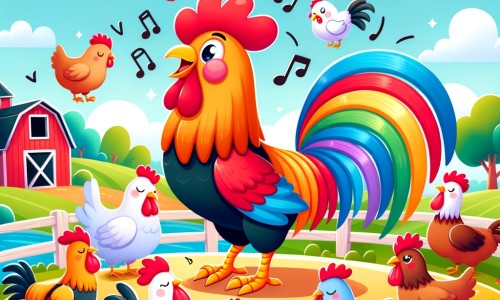 Une illustration destinée aux enfants représentant un coq fier et coloré, se trouvant dans une ferme animée avec des animaux joyeux, où il cherche à conquérir le cœur d'une belle poule en lui chantant une chanson spéciale.