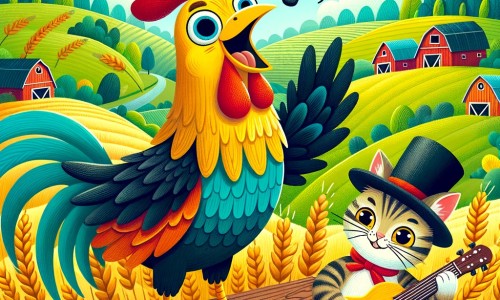 Une illustration destinée aux enfants représentant un coq coloré et joyeux qui a perdu sa voix, accompagné d'un chat musicien habillé d'un chapeau à plumes, dans une ferme pittoresque entourée de champs verdoyants et de collines vallonnées.