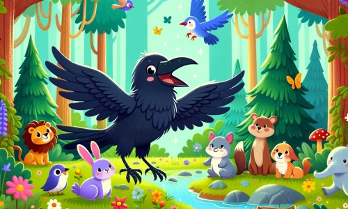 Une illustration destinée aux enfants représentant un corbeau joyeux et excentrique, accompagné d'un groupe d'animaux, dans une forêt enchantée remplie d'arbres majestueux, de fleurs colorées et d'un ruisseau scintillant.