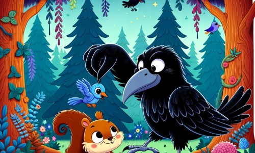 Une illustration destinée aux enfants représentant un corbeau malicieux, en train de jouer des tours avec un écureuil espiègle, dans une forêt enchantée aux arbres majestueux et aux fleurs colorées.
