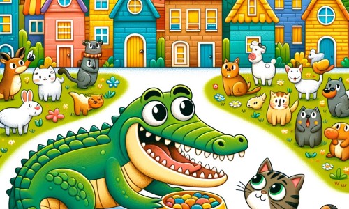Une illustration pour enfants représentant un crocodile affamé qui cherche de la nourriture dans la ville d'Animauxville.