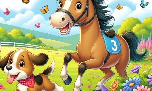 Une illustration destinée aux enfants représentant un joyeux cheval qui se prépare pour un grand concours de course, accompagné de son fidèle ami, un chien joueur, dans une prairie verdoyante où fleurs colorées et papillons virevoltent.