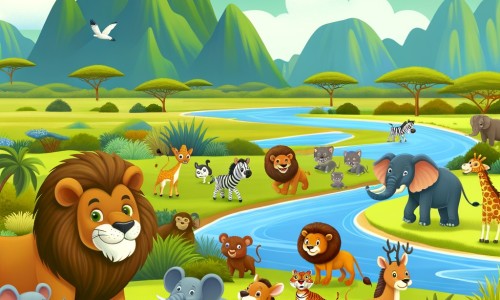 Une illustration destinée aux enfants représentant un majestueux lion de la jungle se retrouvant dans une aventure amusante lors d'un safari, accompagné d'une joyeuse troupe d'animaux, dans les vastes plaines verdoyantes et les rives d'une magnifique rivière.