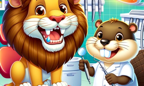 Une illustration destinée aux enfants représentant un majestueux lion aux dents douloureuses se rendant chez un dentiste, accompagné d'un amical castor, dans un cabinet dentaire coloré et rempli d'instruments étincelants.