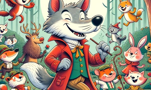 Une illustration destinée aux enfants représentant un loup malicieux et charismatique se trouvant dans une forêt enchantée, accompagné d'une joyeuse bande d'animaux farfelus, prêts à vivre des aventures hilarantes.