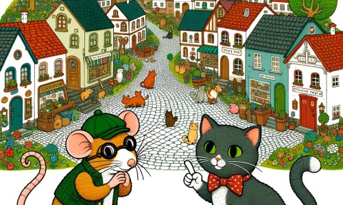 Une illustration destinée aux enfants représentant un rat malin, accompagné d'un chat chanceux, se trouvant dans une petite ville animale remplie de maisons colorées, de rues pavées et de jardins fleuris.