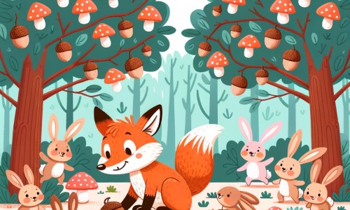 Une illustration destinée aux enfants représentant un renard affamé, à la recherche de nourriture, accompagné d'un groupe de joyeux lapins dans une forêt enchantée remplie de champignons colorés et d'arbres aux branches chargées de noisettes.