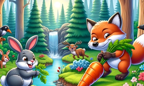 Une illustration destinée aux enfants représentant un renard malin et espiègle, jouant des tours à ses amis animaux de la forêt, avec un lapin émerveillé par une carotte géante en plastique, dans une forêt luxuriante avec de grands arbres, des buissons fleuris et un ruisseau scintillant.