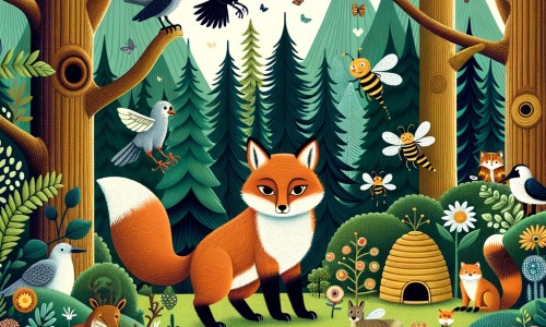 Une illustration pour enfants représentant un rusé renard dans une forêt dense et mystérieuse volant du miel à une ruche d'abeilles sauvages.