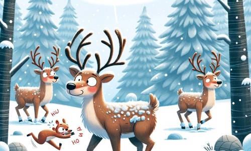 Une illustration pour enfants représentant un renne maladroit qui vit dans une forêt enneigée et qui se sent différent des autres animaux.