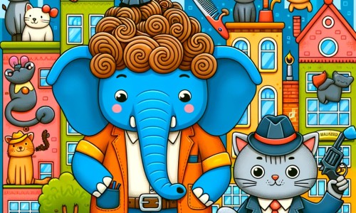 Une illustration destinée aux enfants représentant un éléphant coiffeur très habile et sympathique, qui rencontre un détective chat malin et ensemble, ils résolvent des problèmes amusants avec des animaux dans une ville colorée remplie de bâtiments en forme d'animaux.