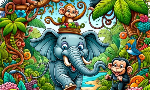 Une illustration destinée aux enfants représentant un éléphant malicieux et gourmand, vivant une aventure hilarante avec des singes facétieux, dans une forêt luxuriante remplie de palmiers et de lianes colorées.