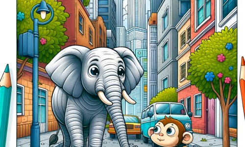 Une illustration destinée aux enfants représentant un éléphant curieux et aventureux se retrouvant dans une ville animée, accompagné d'un petit singe espiègle, au milieu des rues étroites et des gratte-ciels colorés d'une ville moderne et bruyante.