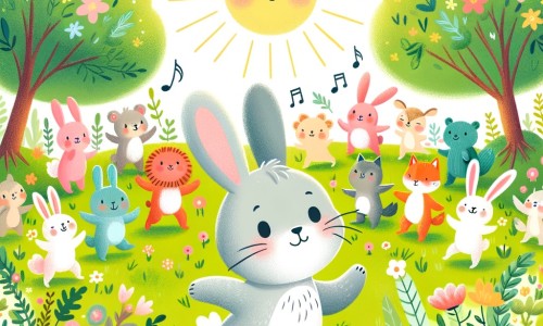 Une illustration pour enfants représentant un lapin qui découvre une fête animale dans un jardin verdoyant.