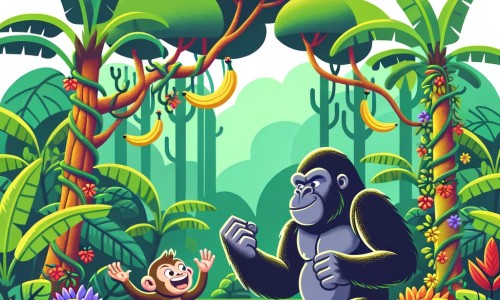 Une illustration destinée aux enfants représentant un petit singe facétieux, se retrouvant dans une situation hilarante avec un gorille imposant, dans une luxuriante bananeraie, entourée d'arbres verdoyants et de lianes colorées.