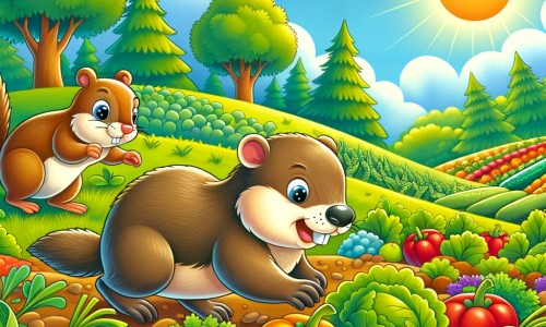 Une illustration destinée aux enfants représentant une marmotte pleine d'énergie, cherchant de la nourriture, accompagnée d'un écureuil, dans un champ coloré de légumes et de fruits, entouré d'arbres verdoyants et d'un ciel bleu ensoleillé.
