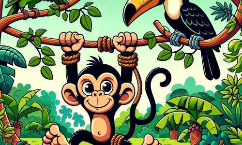 Une illustration destinée aux enfants représentant un singe facétieux se retrouvant coincé dans une liane, accompagné de son fidèle ami Toucan, dans une forêt luxuriante remplie de bananiers et de végétation colorée.