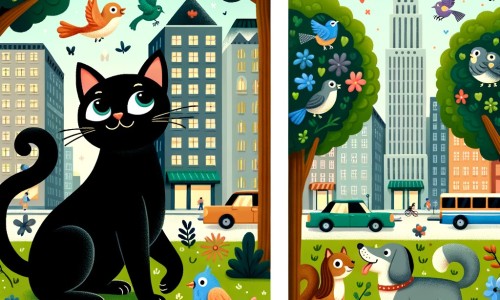 Une illustration destinée aux enfants représentant un chat noir élégant, se promenant dans une ville animée, accompagné d'un chien joyeux, à la découverte d'un parc verdoyant rempli d'oiseaux colorés et d'écureuils malicieux.