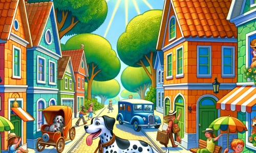 Une illustration destinée aux enfants représentant un chien joueur et curieux, accompagné d'un dalmatien voyageur, dans une petite ville colorée où les rues sont bordées de maisons aux toits en tuiles, les arbres sont hauts et verdoyants, et les enfants jouent dans un parc ensoleillé.