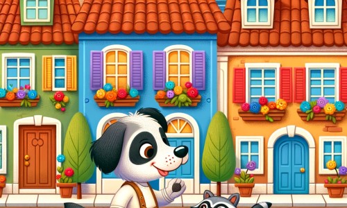 Une illustration pour enfants représentant un chien joueur et curieux se lançant dans des aventures amusantes avec des animaux dans un petit village animé.