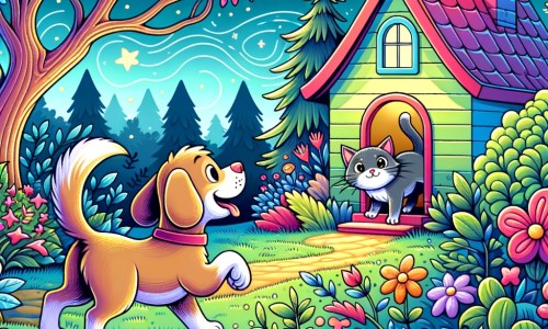 Une illustration destinée aux enfants représentant un joyeux chien aventurier découvrant un nouveau voisin chat dans une petite maison colorée, entourée d'un jardin fleuri avec de grands arbres et des buissons mystérieux.