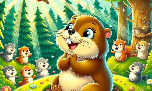 Une illustration pour enfants représentant une marmotte qui adore dormir découvrant la vie sociale et les fêtes dans une forêt animée.