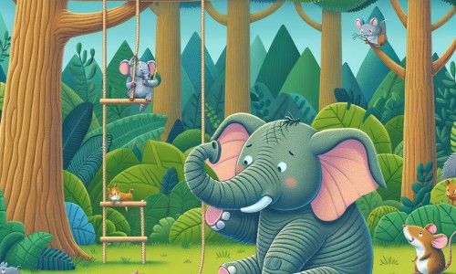 Une illustration destinée aux enfants représentant un éléphant maladroit qui tente de construire une balançoire avec l'aide d'une souris, dans une forêt luxuriante remplie d'arbres majestueux et de petits animaux curieux.