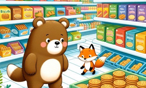 Une illustration destinée aux enfants représentant une adorable ourse à la recherche de biscuits frais, accompagnée d'un renard curieux, explorant un supermarché coloré rempli de rayons remplis de produits alimentaires.