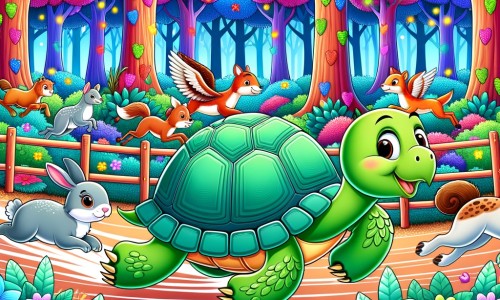 Une illustration destinée aux enfants représentant une tortue pleine de vie, participant à une course contre des animaux rapides, dans une forêt enchantée avec des arbres aux feuilles multicolores et des fleurs lumineuses.