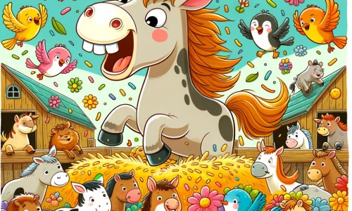 Une illustration destinée aux enfants représentant un joyeux cheval farceur, entouré de petits animaux, dans une ferme colorée et animée par le chant des oiseaux et le parfum des fleurs.