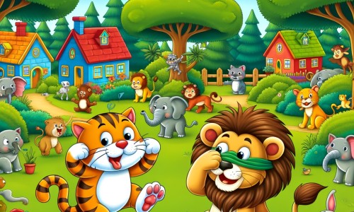 Une illustration destinée aux enfants représentant un chat farceur, accompagné d'un lion bavard, s'amusant à jouer des tours dans un village animé où les animaux vivent joyeusement parmi les arbres verdoyants et les maisons colorées.