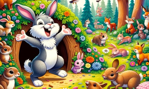 Une illustration destinée aux enfants représentant un lapin farceur, plein d'énergie et de malice, qui fait rire tous les animaux de la forêt avec ses blagues et ses énigmes, dans un terrier douillet entouré de fleurs colorées et d'arbres majestueux.
