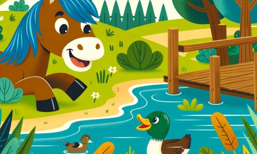 Une illustration destinée aux enfants représentant un joyeux cheval brun à la crinière bleue, vivant dans une ferme animée, faisant la rencontre d'un canard aventurier, près d'une rivière bordée de roseaux verdoyants.