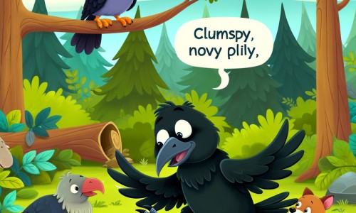 Une illustration destinée aux enfants représentant un corbeau maladroit qui rencontre ses amis dans une forêt luxuriante, alors qu'il vient de percuter un arbre en volant.