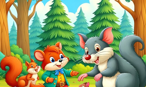 Une illustration destinée aux enfants représentant un malicieux petit rat qui joue des tours à ses amis animaux, accompagné d'un écureuil curieux, dans une clairière verdoyante entourée de grands arbres majestueux.