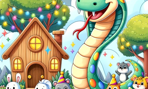 Une illustration destinée aux enfants représentant un serpent espiègle vivant dans une maison en forme de tronc d'arbre, se rendant à une fête animée dans une forêt enchantée, accompagné d'animaux souriants et vêtus de costumes colorés.