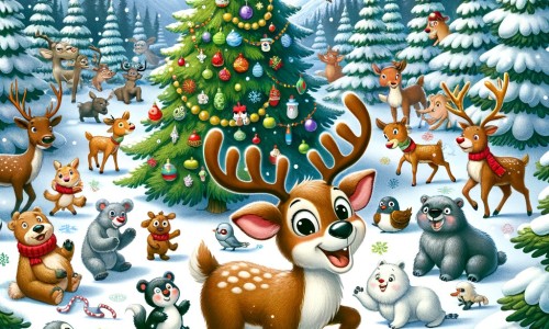 Une illustration destinée aux enfants représentant un renne rigolo, entouré d'animaux, dans une forêt enneigée avec un grand arbre de Noël décoré.