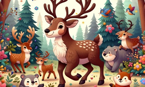 Une illustration destinée aux enfants représentant un renne au pelage brun, dans une forêt enchantée remplie de fleurs colorées, accompagné de ses amis animaux, se préparant pour la grande course annuelle de rennes.