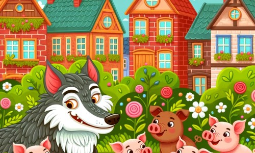 Une illustration destinée aux enfants représentant un loup malicieux, accompagné de trois petits cochons, dans un village coloré avec des maisons en briques, des jardins fleuris et des animaux qui parlent.