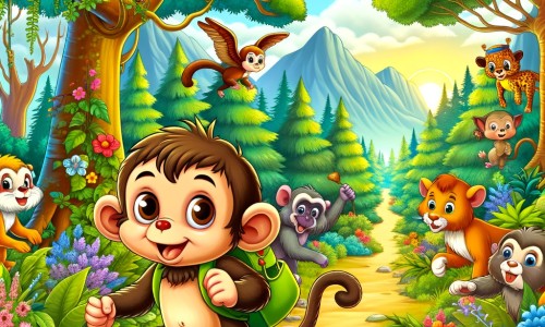 Une illustration destinée aux enfants représentant un singe espiègle et curieux se lançant dans une aventure avec ses amis animaux, à travers une forêt luxuriante remplie d'arbres majestueux, de fleurs colorées et d'animaux joyeux.