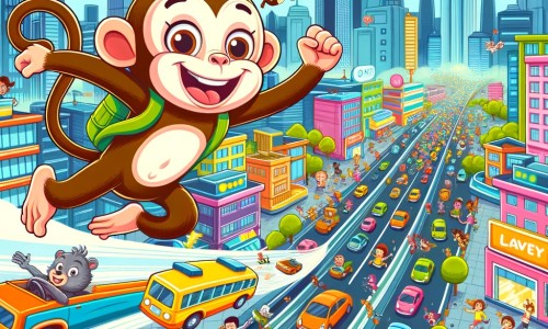 Une illustration pour enfants représentant un singe farceur qui joue des tours à ses amis animaux dans la jungle.
