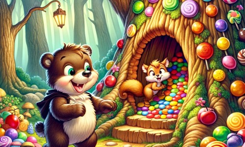 Une illustration destinée aux enfants représentant un ourson espiègle, accompagné d'un écureuil malicieux, découvrant un arbre creux rempli de bonbons multicolores au cœur d'une forêt enchantée, où ils vont vivre des aventures amusantes.