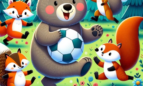 Une illustration destinée aux enfants représentant un adorable ours, passionné de football, faisant équipe avec un renard malicieux, un écureuil bondissant et un hérisson piquant, dans une forêt enchantée où les fleurs colorées dansent au rythme des rires et des dribbles.